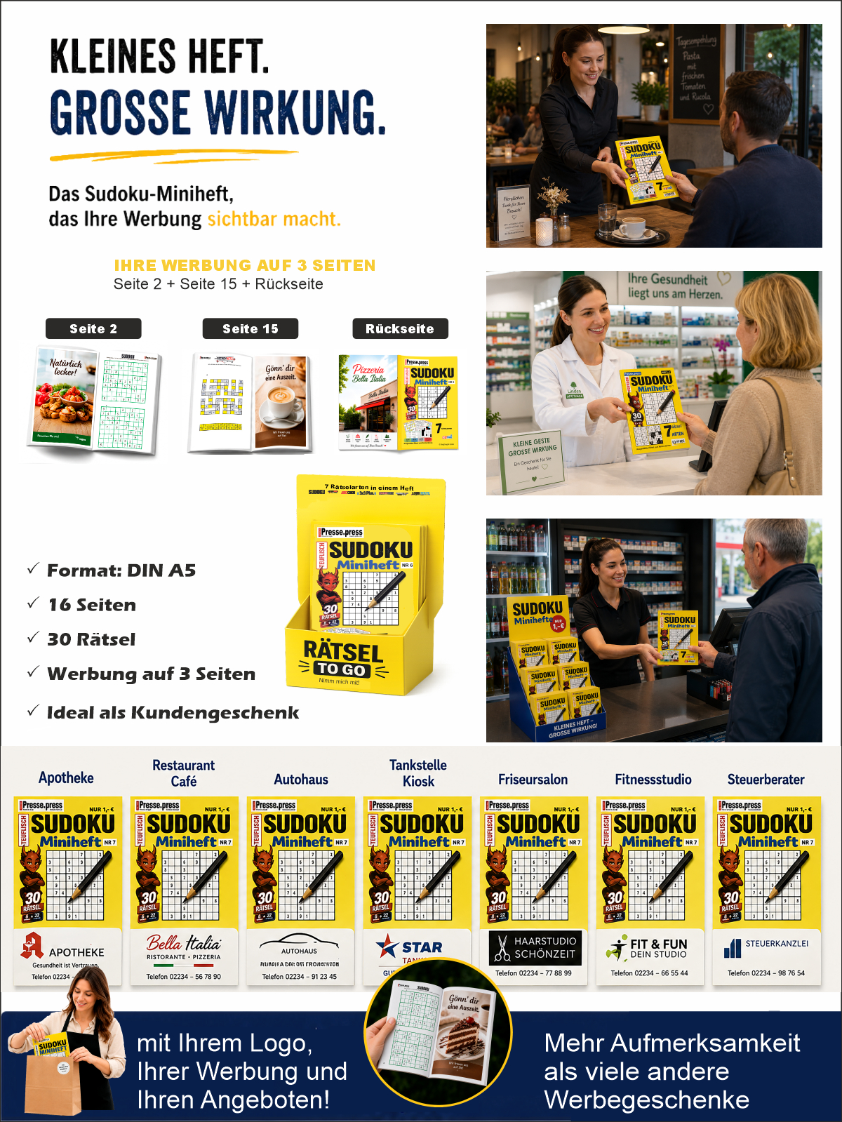 Beispiele individueller Sudoku-Minihefte für verschiedene Branchen